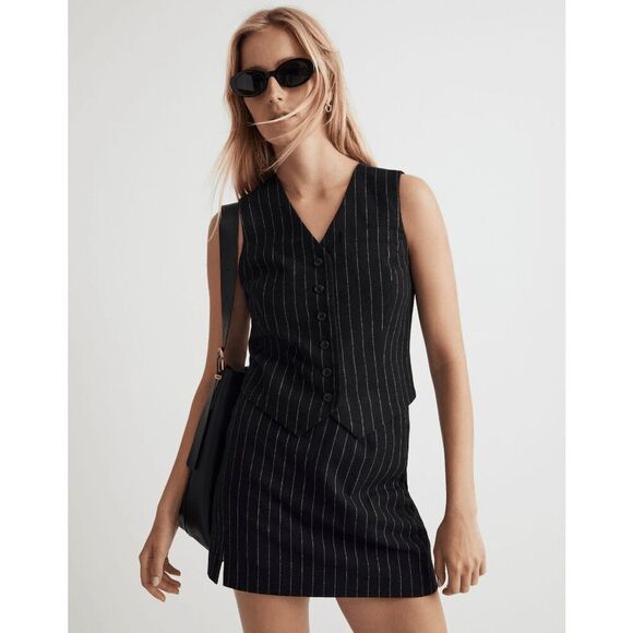 Madewell Almost Black White Pinstripe Wool Button Front Vest Women's Size 14 - Picture 1 of 6